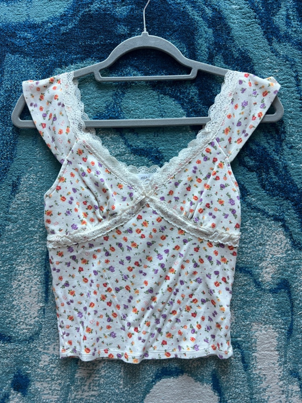 Floral Lace-Trim Ribbed Tank Top - Cream with Orange & Purple Flowers